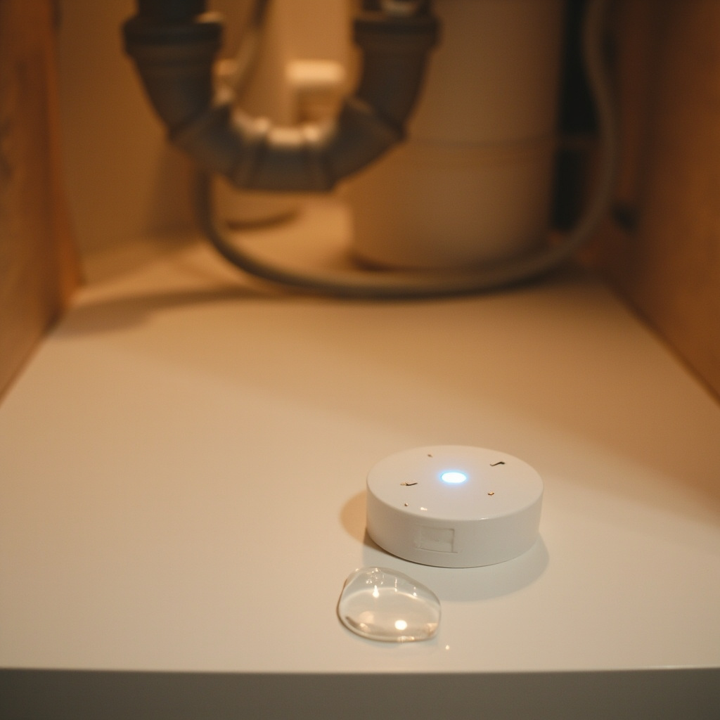 Water leak detector placed under P-trap with green LED indicator