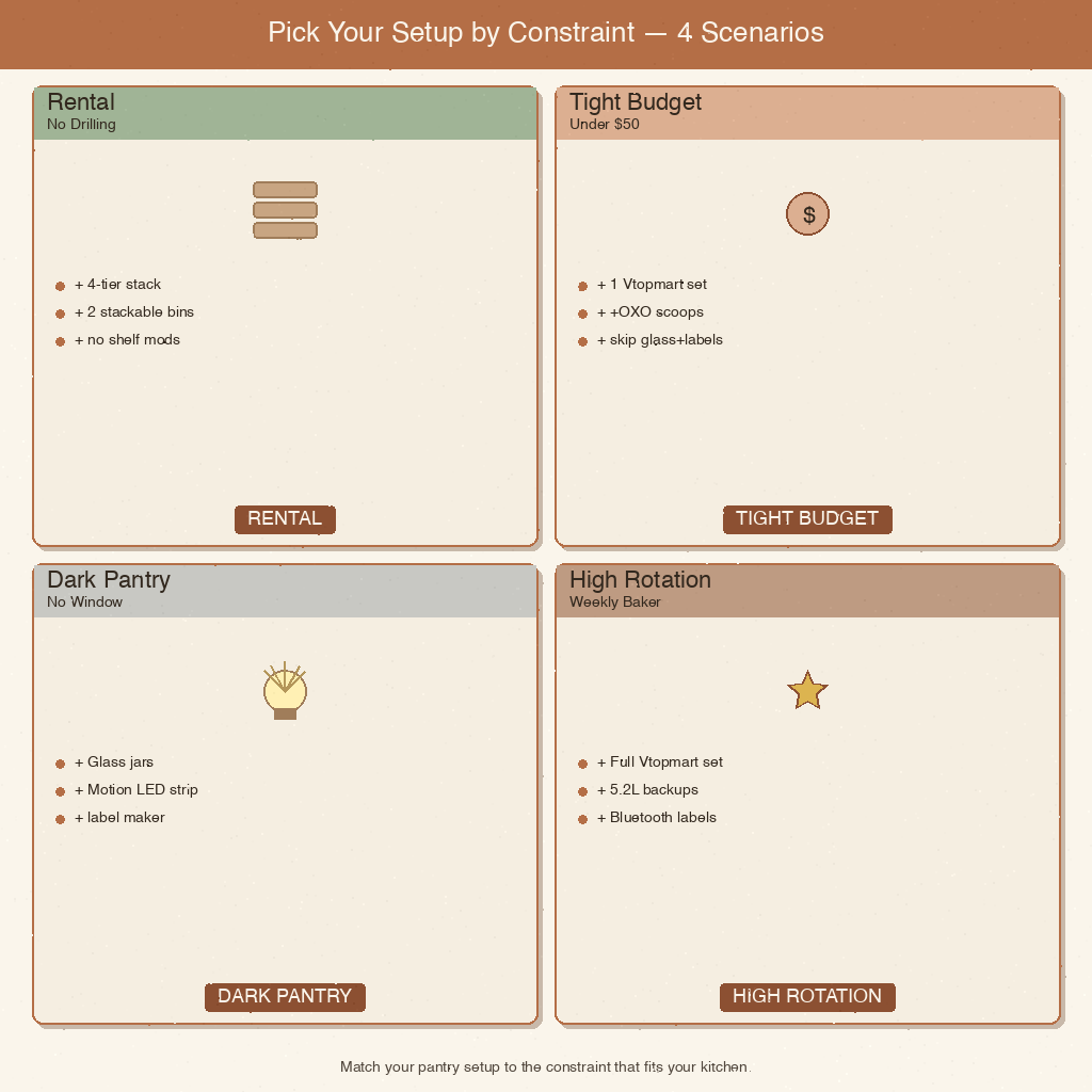 Four-panel grid of pantry constraint scenarios: rental, budget, dark-pantry, high-rotation