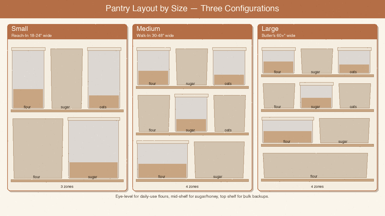 Side-by-side comparison of small, medium, and large pantry baking-zone layouts at three shelf heights