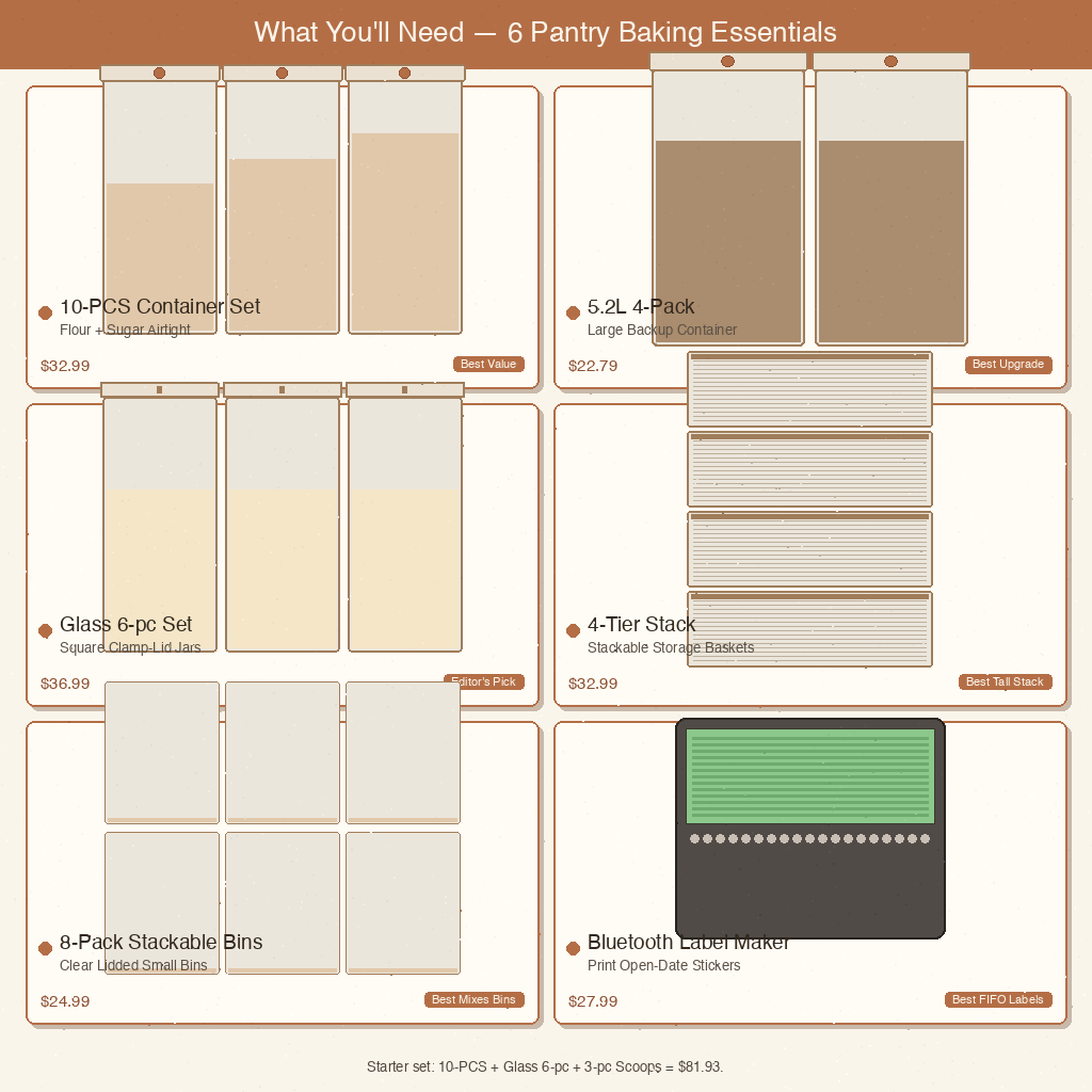 Product callout grid showing the seven baking-zone essentials in 2x4 layout