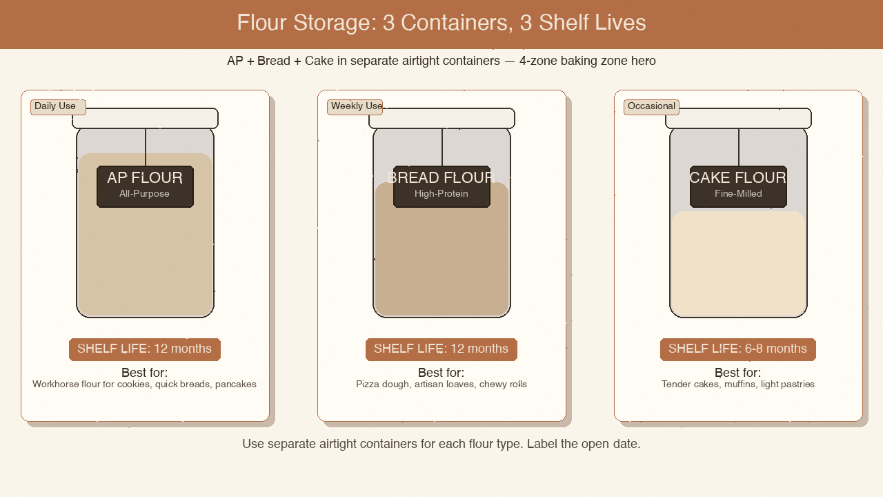 Three flour containers side-by-side labeled AP Flour, Bread Flour, Cake Flour with brief notes on shelf life
