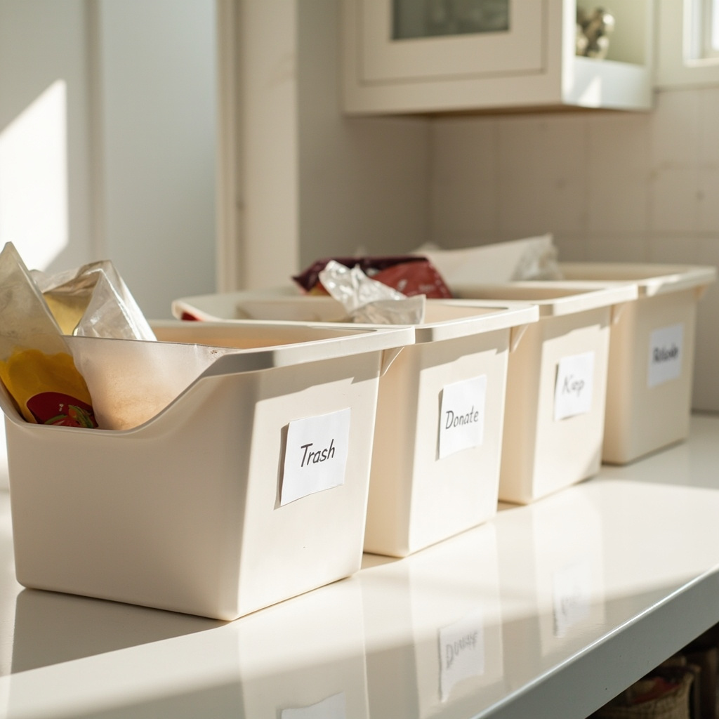 Four labeled bins on counter showing trash donate keep and relocate quadrants