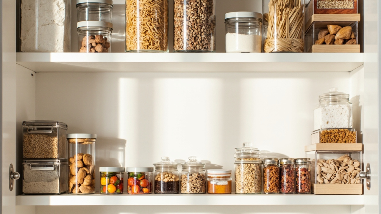 Pantry zone layout infographic showing baking dry goods canned goods breakfast snacks and condiments arranged by frequency