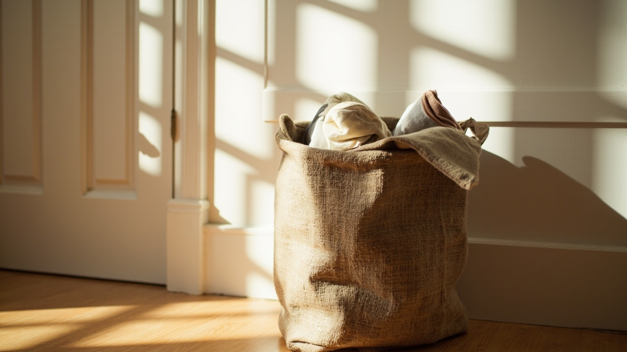 Donation bag full of household items ready for drop-off beside front door