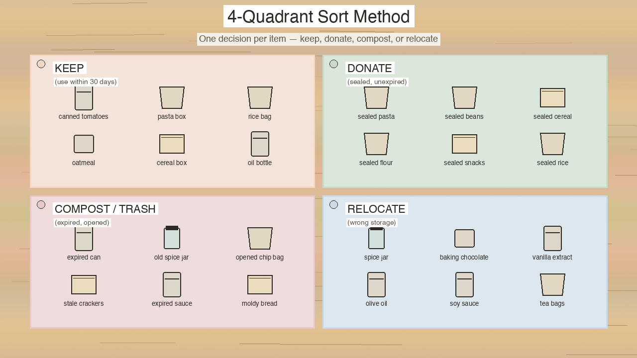 2x2 infographic titled 4-Quadrant Sort Method with 4 colored quadrants labeled KEEP, DONATE, COMPOST/TRASH, RELOCATE.