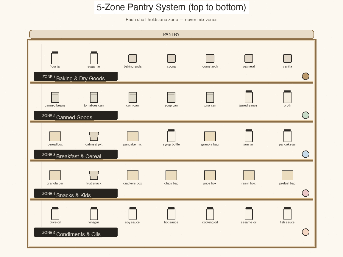 Annotated pantry shelf diagram showing 5 zones top to bottom with chalkboard labels.