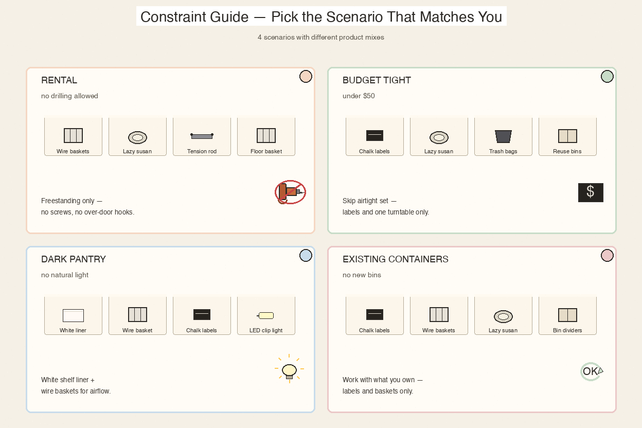 4-panel grid showing pantry constraint scenarios — rental, budget, dark pantry, existing containers.