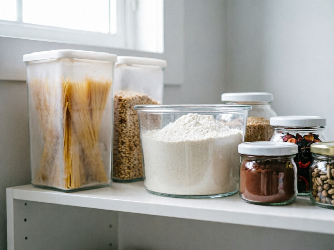KEMETHY airtight food storage containers organized by category on a pantry shelf with labels