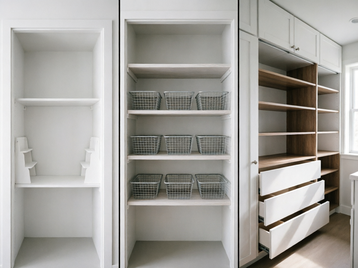 3-panel comparison of small medium and large pantry layouts with recommended products for each size