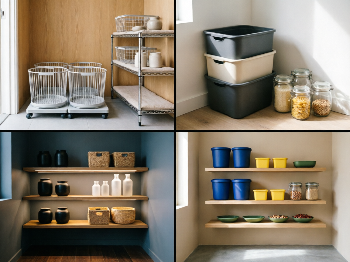 4-panel grid showing rental budget dark pantry and no-labels constraint scenarios with specific products