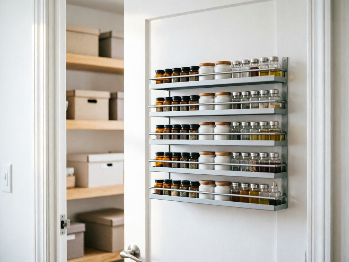 ElegantArray 8-tier over the door pantry organizer holding spice jars on pantry door
