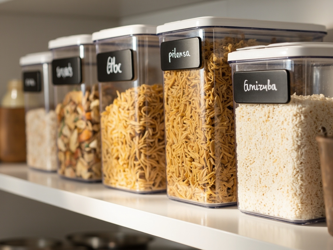 Clear stackable pantry storage bins with chalkboard labels holding dry goods