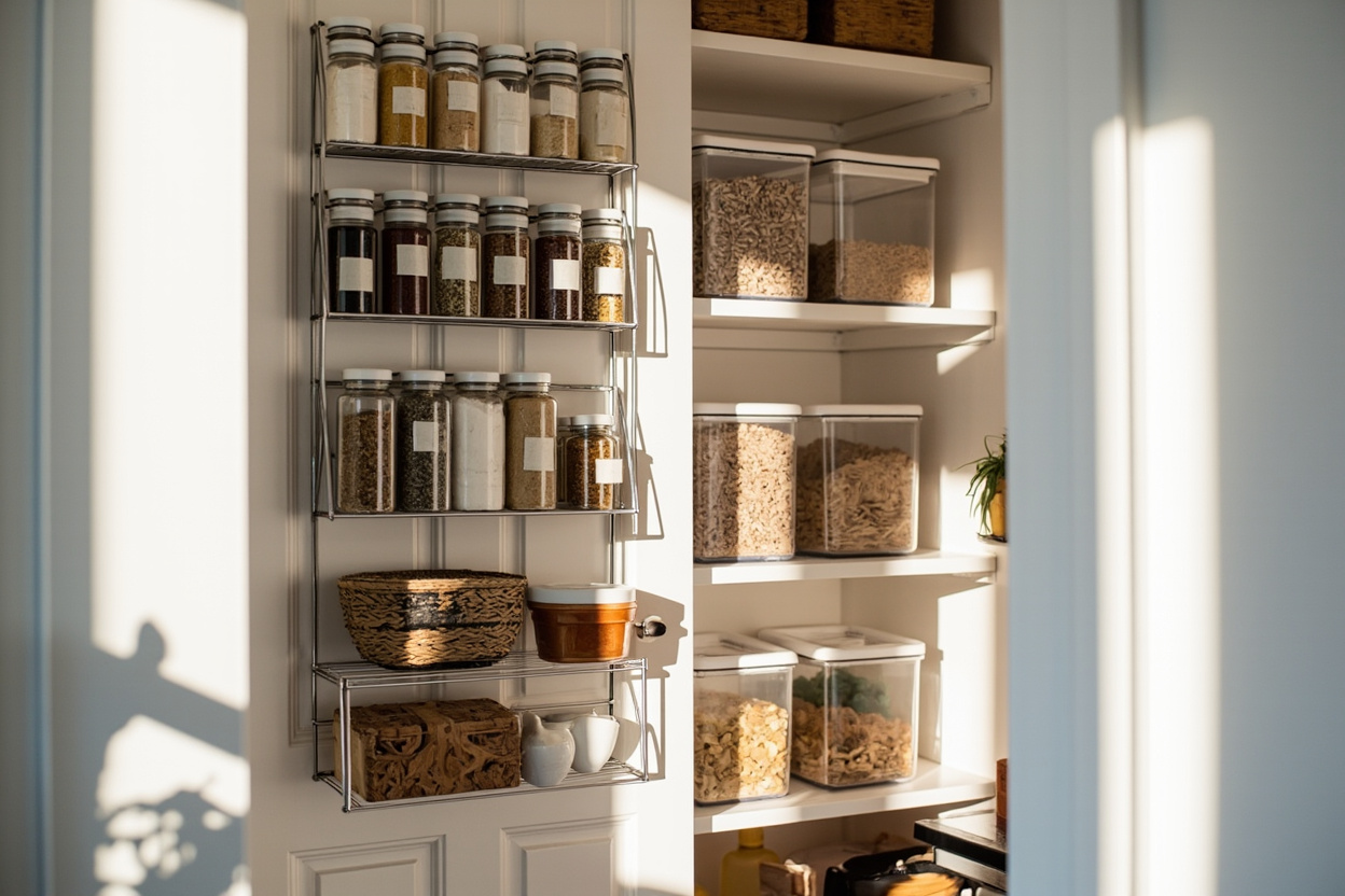 Small reach-in pantry optimized with over-door organizer and vertical stackable bins