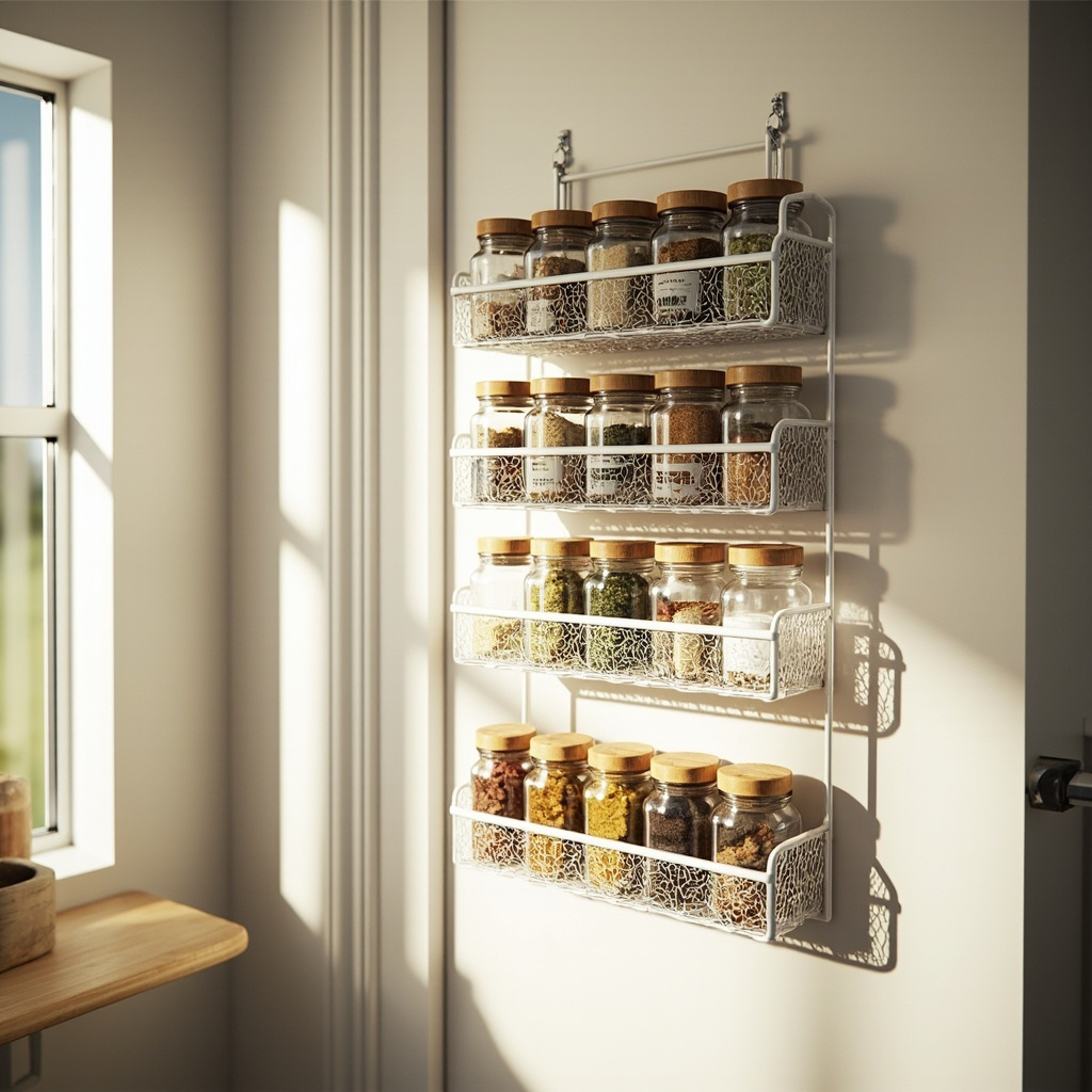 Over-the-door pantry organizer hanging on kitchen door holding spices cans and small items