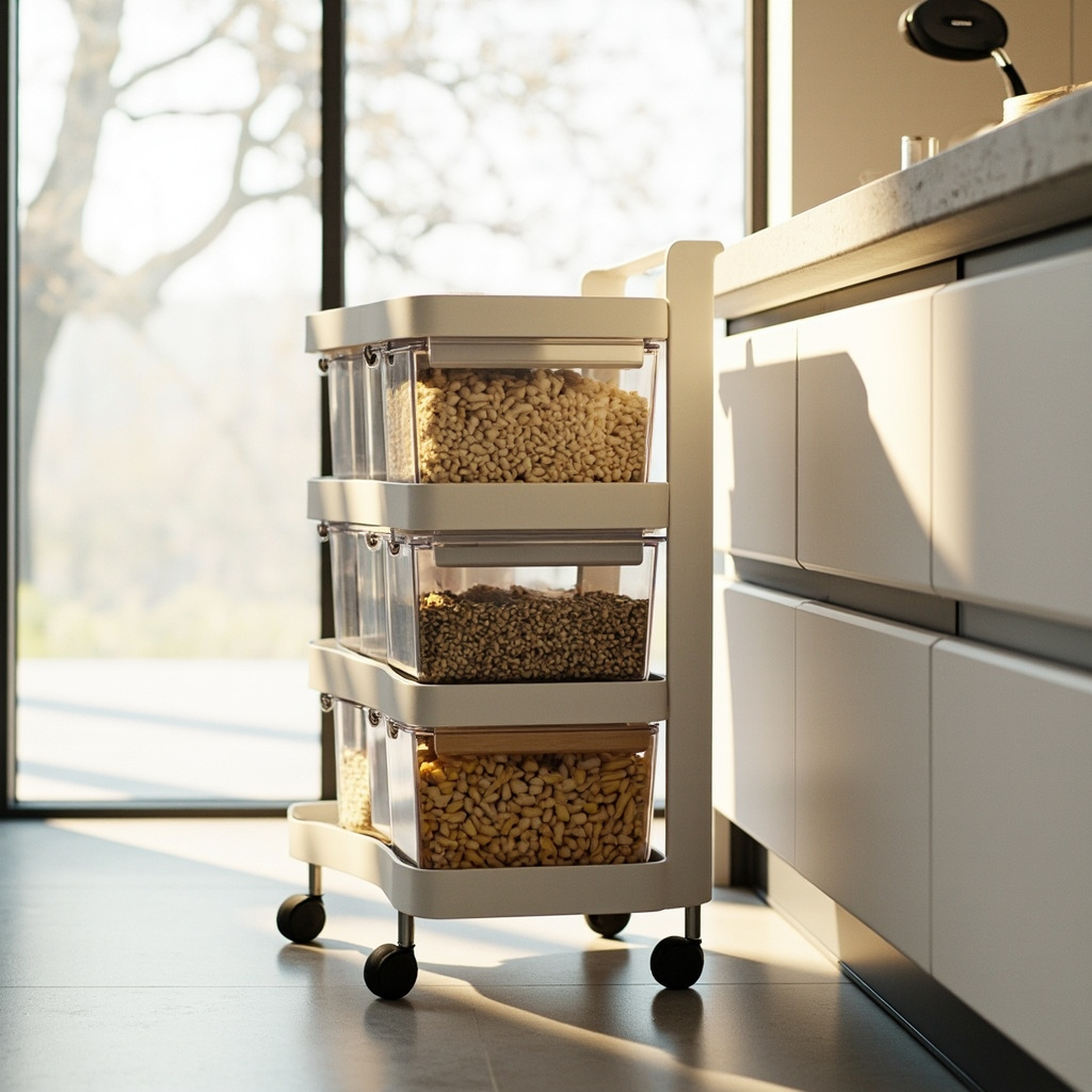 Three-tier rolling storage cart next to kitchen counter holding dry goods in clear bins