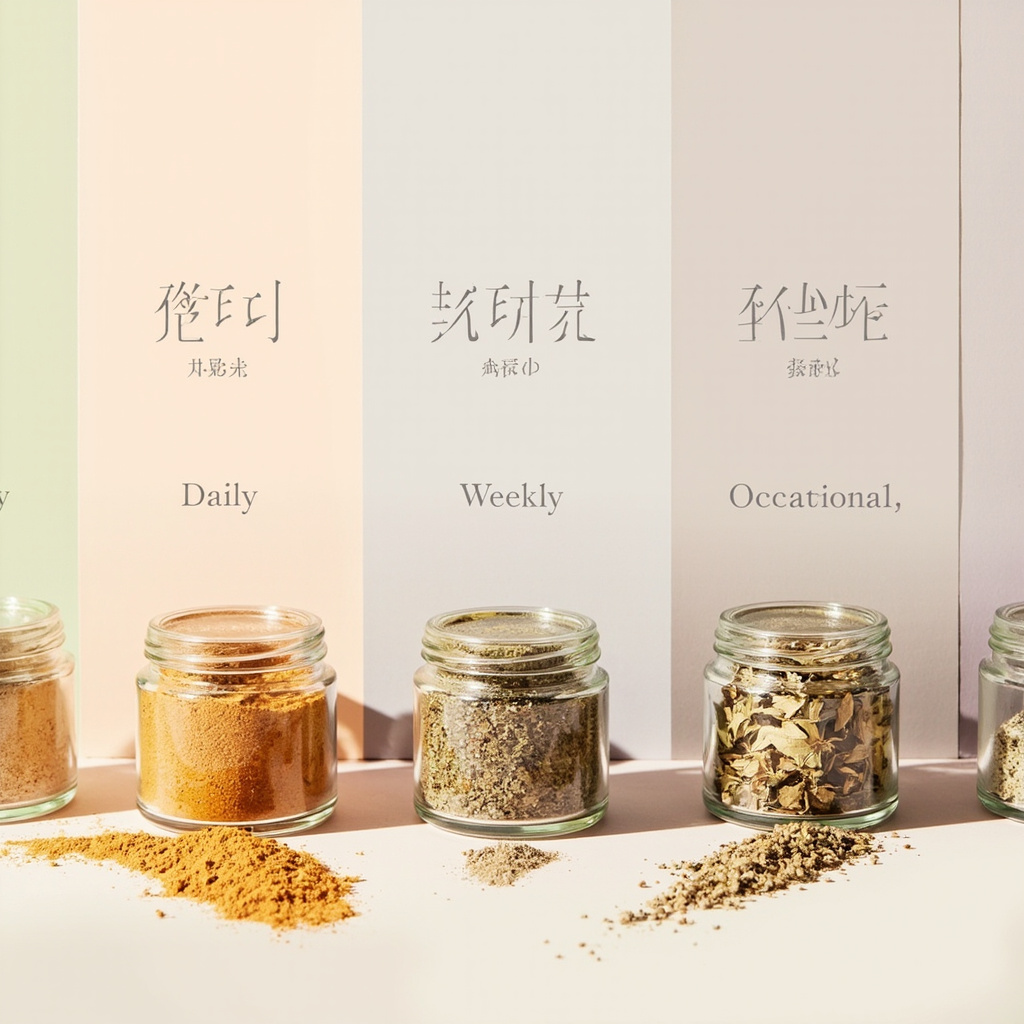 Three labeled bins showing daily weekly and occasional spice categories with sample jars
