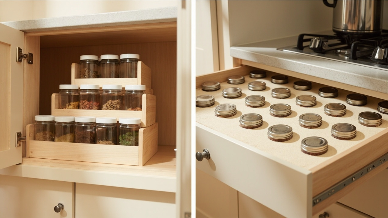 Side-by-side kitchen pairing: left a shallow cabinet tiered spice rack, right a deep drawer with spice jars laid label-up