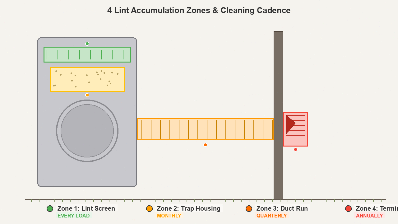 Four lint accumulation zones in a dryer system with cleaning cadence labels