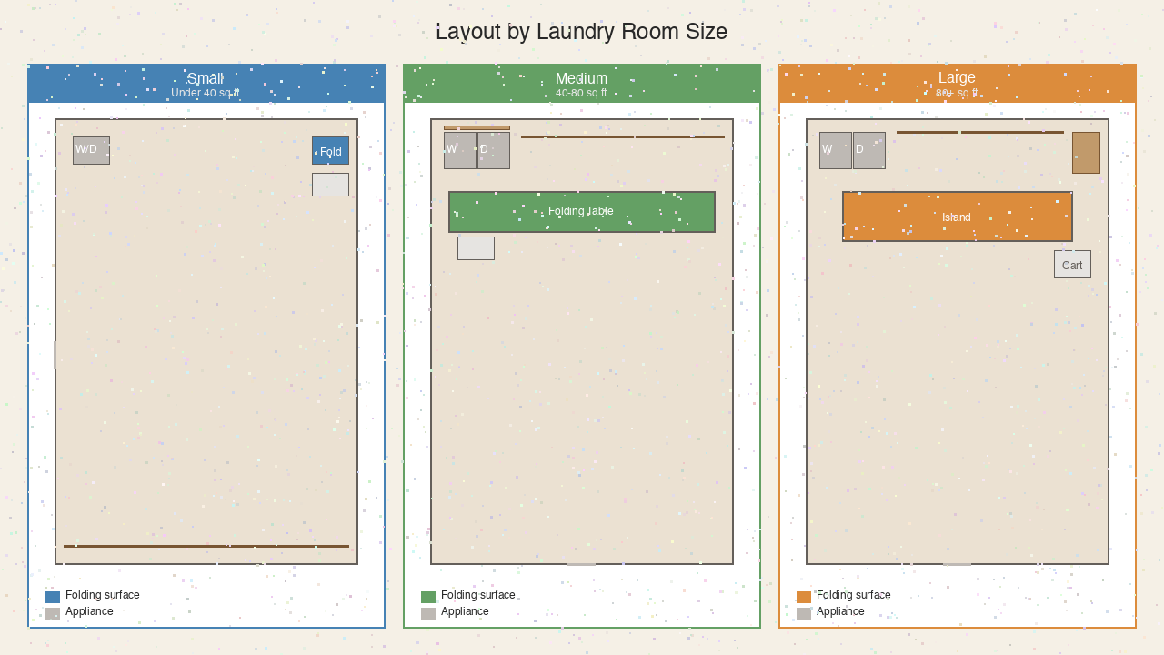 Three folding station layouts: closet, hallway, and utility room configurations
