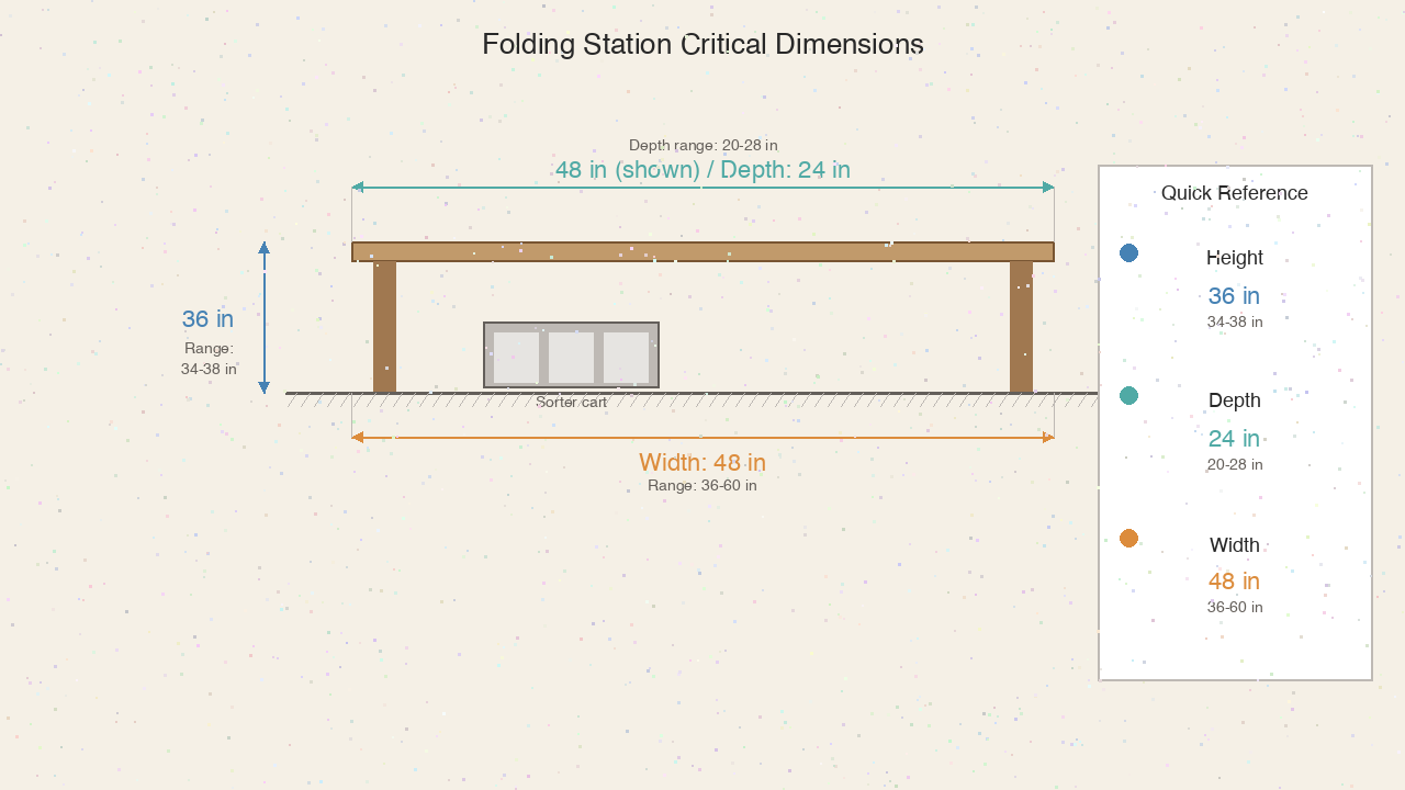 Folding station measurement diagram showing 36-inch height and 24-inch depth standards