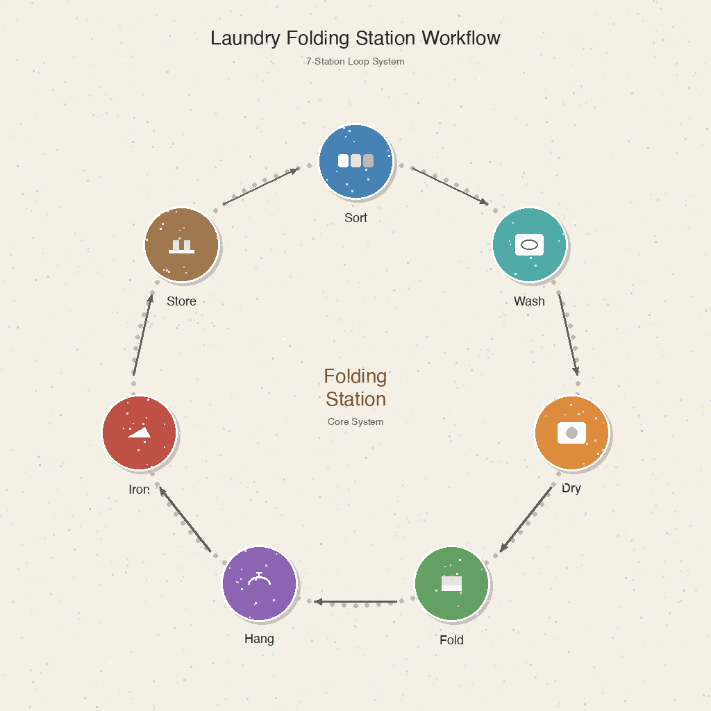 Laundry folding workflow loop: sort, wash, dry, fold, hang, iron, store.
