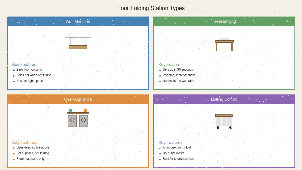 Four folding station types: wall-mount, freestanding, over-appliance, rolling.