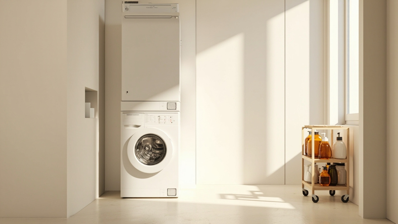 A bright modern laundry room with stacked washer and dryer and slim storage cart