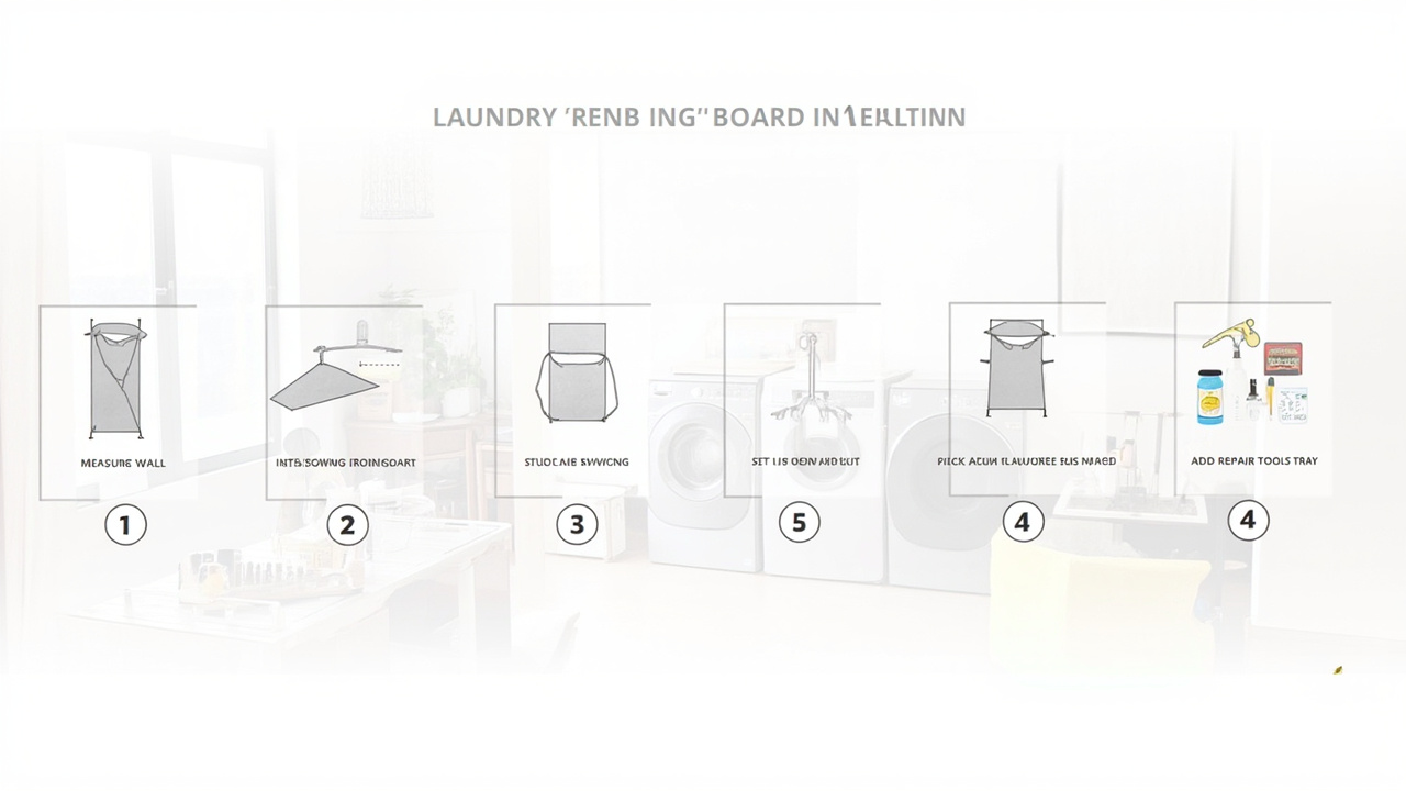 5-step laundry iron and repair station setup: measure, install, sew, supply, repair.