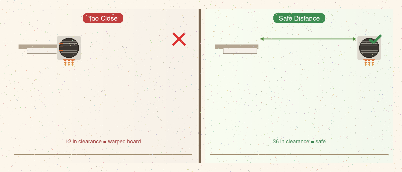 Side-by-side panels: too-close ironing board with warning; 36-inch clearance with green check.