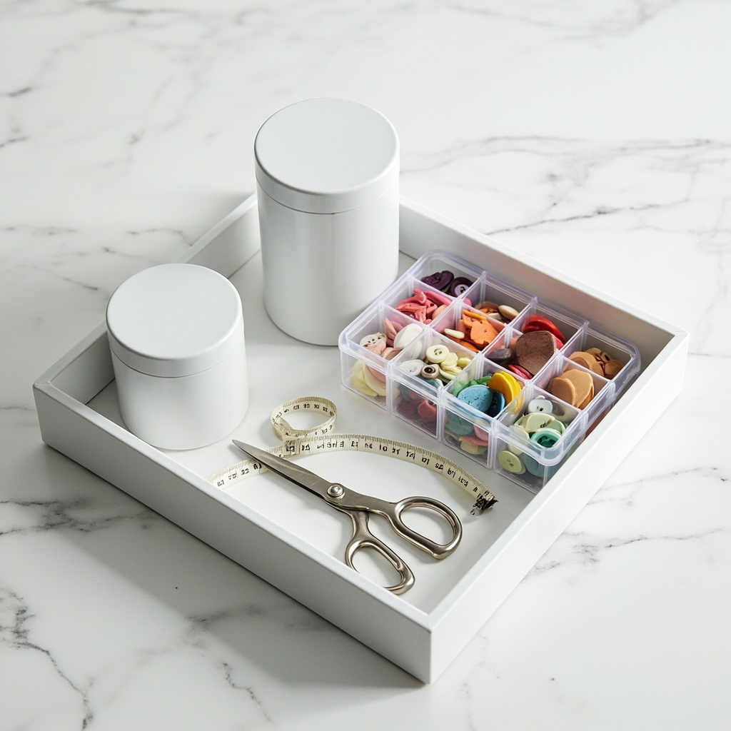 Top-down shot of a laundry-room repair tray: stain pens, button organizer, fabric scissors, tape measure.