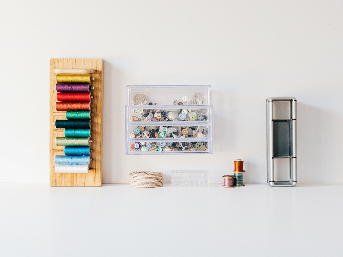 Sewing kit zone on a white shelf: thread rack, 3-layer organizer, SINGER kit case, button grid.
