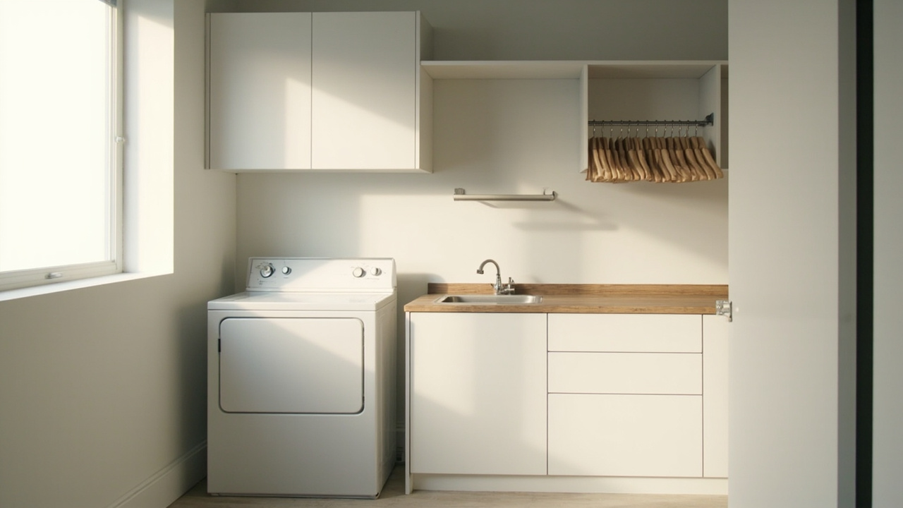 Laundry room layout overview showing zones for washer, dryer, folding, and supply storage