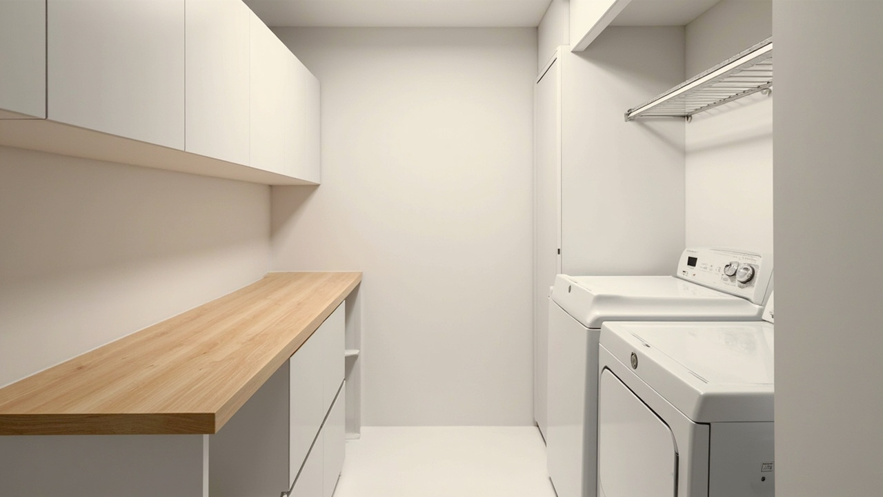 Galley laundry with washer-dryer one side, shallow folding and cabinets opposite, retracted clothesline high