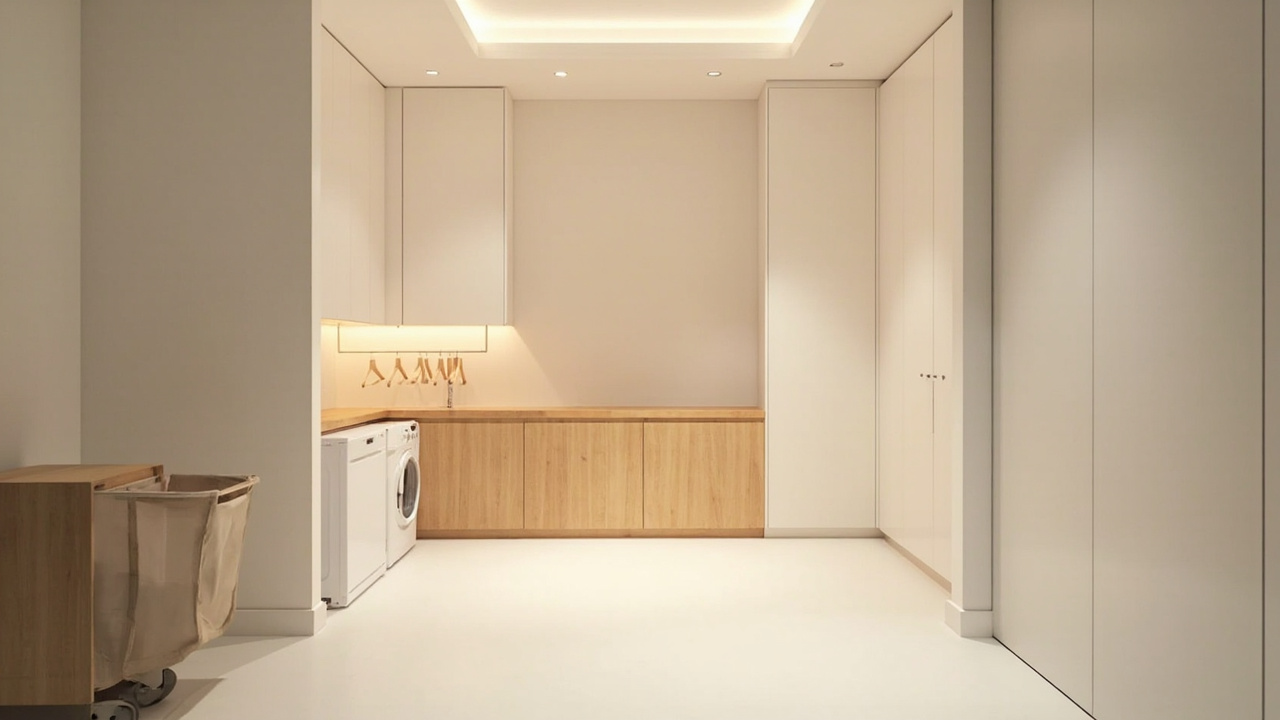 L-shaped laundry with washer-dryer on back wall, folding counter and hanging rail around the corner