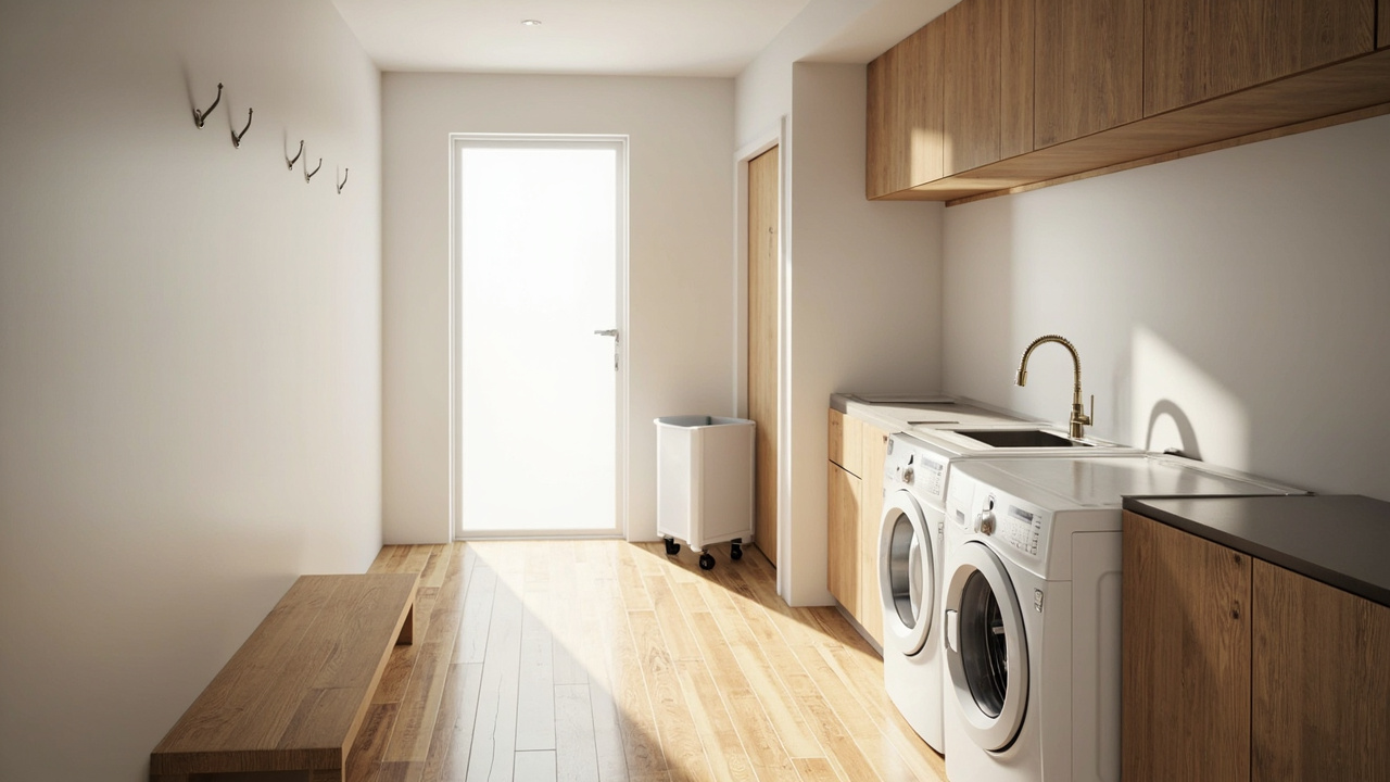 Mudroom and laundry combo with separate entry path on one side and laundry work edge on the other