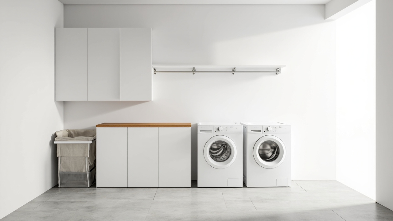 Single-wall laundry layout with sorter, washer-dryer, fold-down table, hanger shelf, and utility end along one wall