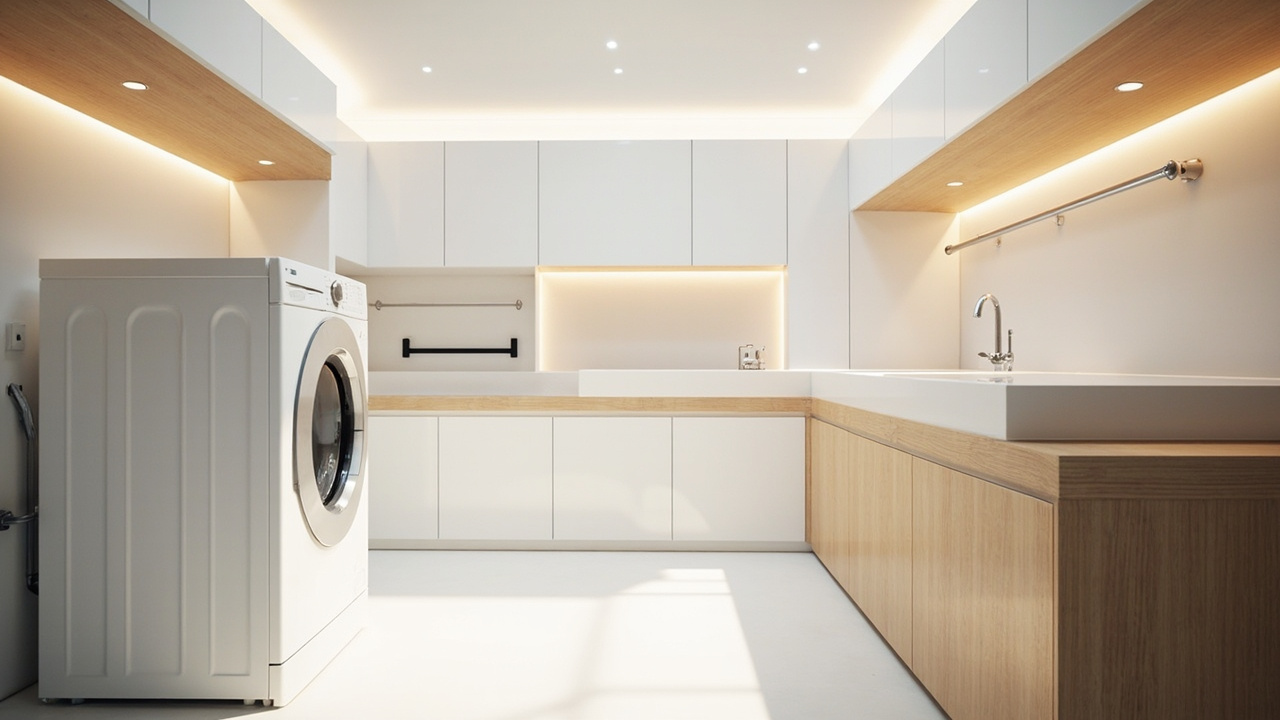 U-shaped laundry with appliances on left, folding and storage on back, sink and hanging on right, open center