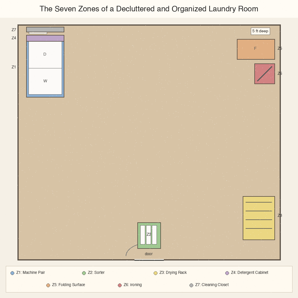 Iconographic 7-zone laundry floor plan with machine pair, sorter, drying rack, cabinet, folding surface, and ironing zone.