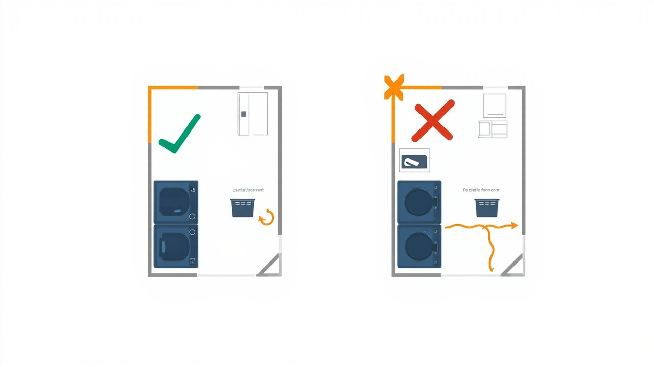 Side-by-side comparison of correct vs incorrect laundry room floor plans.