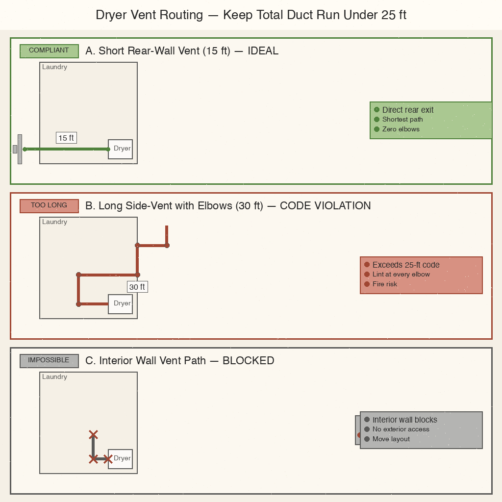 Dryer vent routing diagram showing three configurations and the 25-foot maximum total duct length rule.