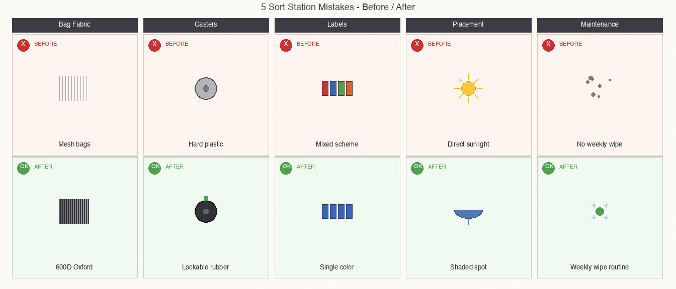 5-panel before/after infographic of top sort-station failures and fixes: bag fabric, casters, labels, placement, maintenance.