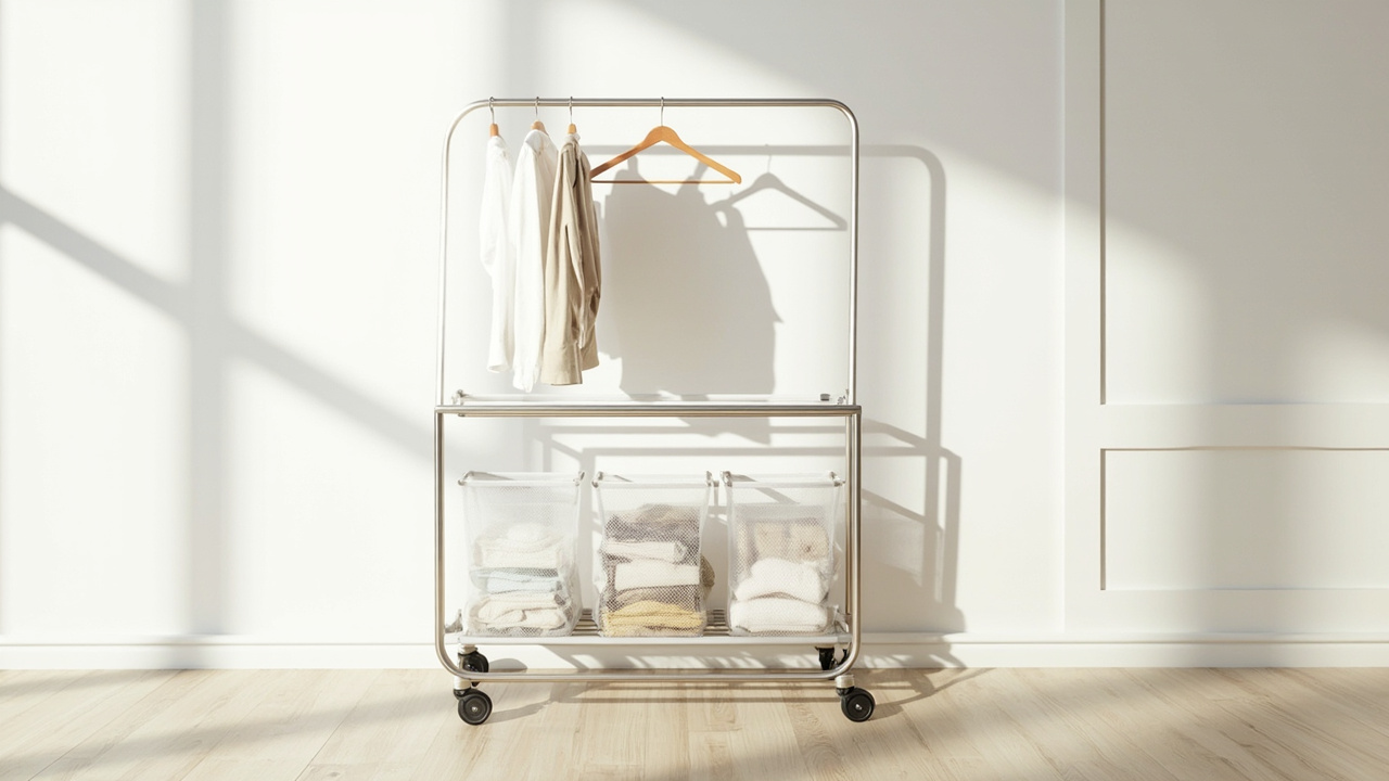 Laundry sorter cart with extensible hanging rod above three mesh bags holding a few shirts