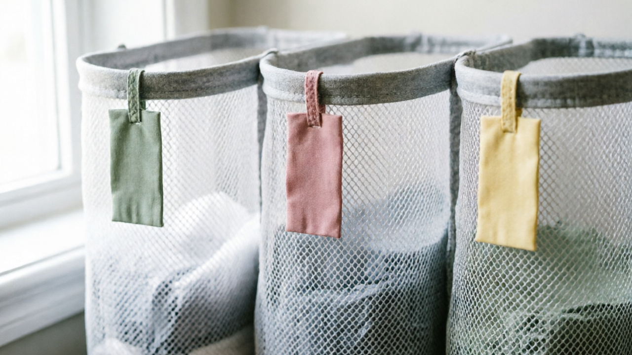Close-up of three laundry sorter mesh bags with fabric clip labels reading Lights, Darks, and Delicates