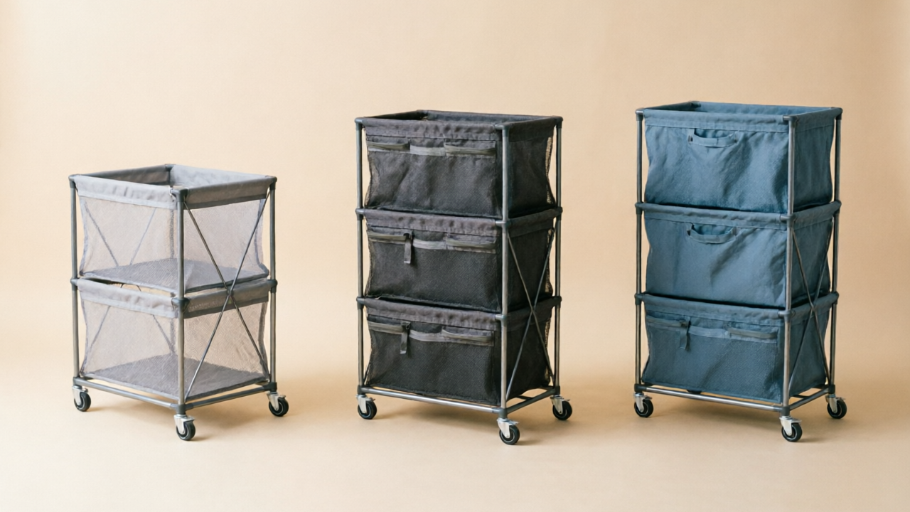 Three laundry sorter setups side by side: two-bag, three-bag, and four-bag with load-type labels