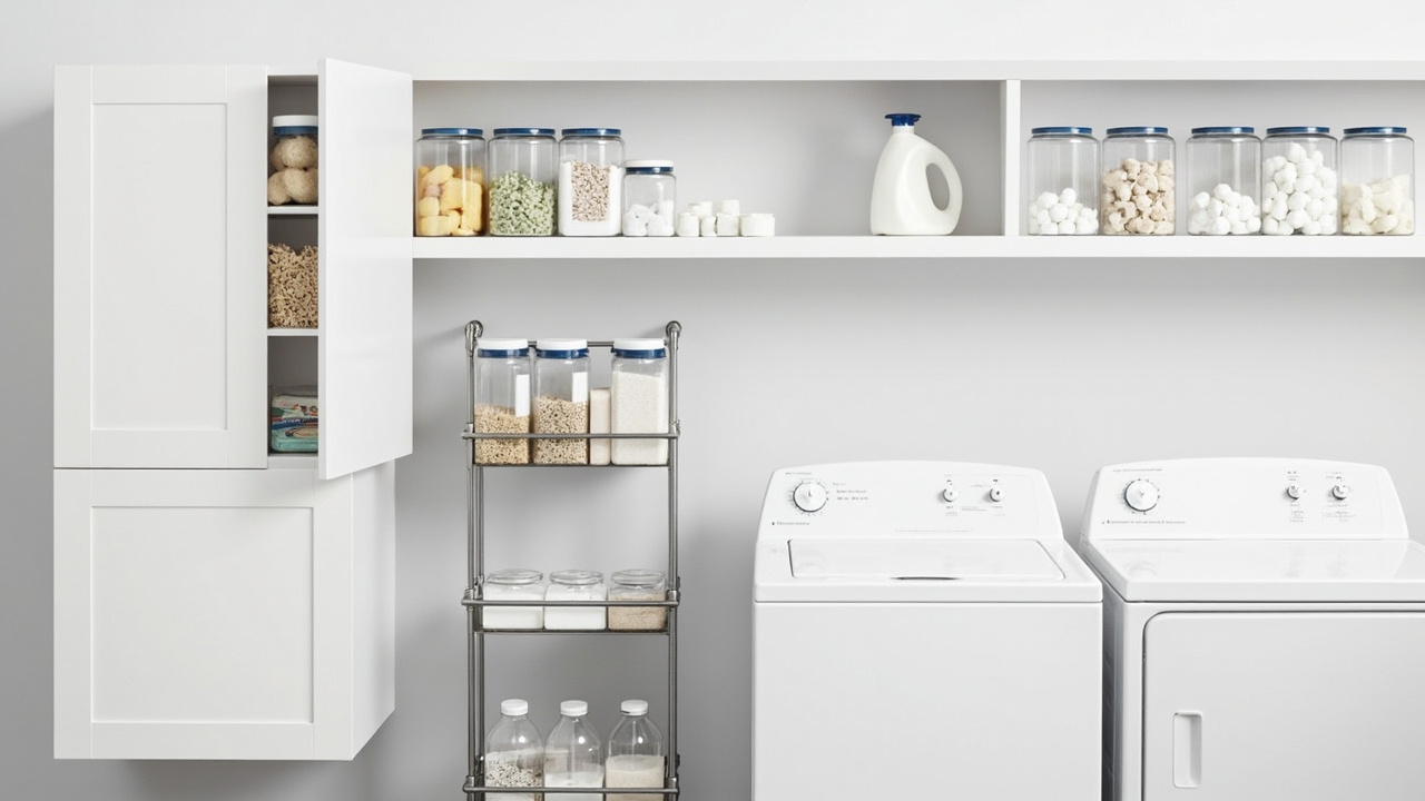 Four laundry supply layouts: closed cabinet, slim cart gap, magnetic dryer shelves, open jar shelf
