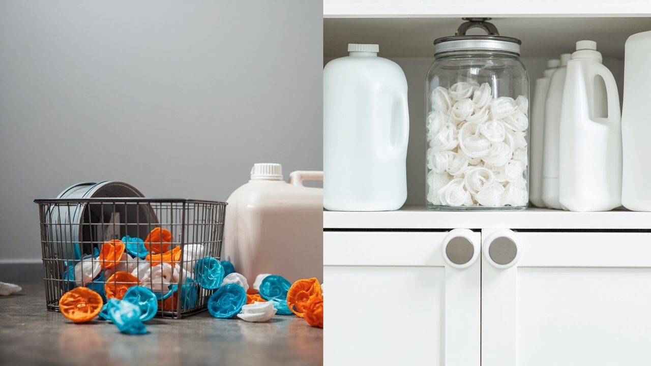 Unsafe open pod basket on the floor versus latching jar on a high locked shelf