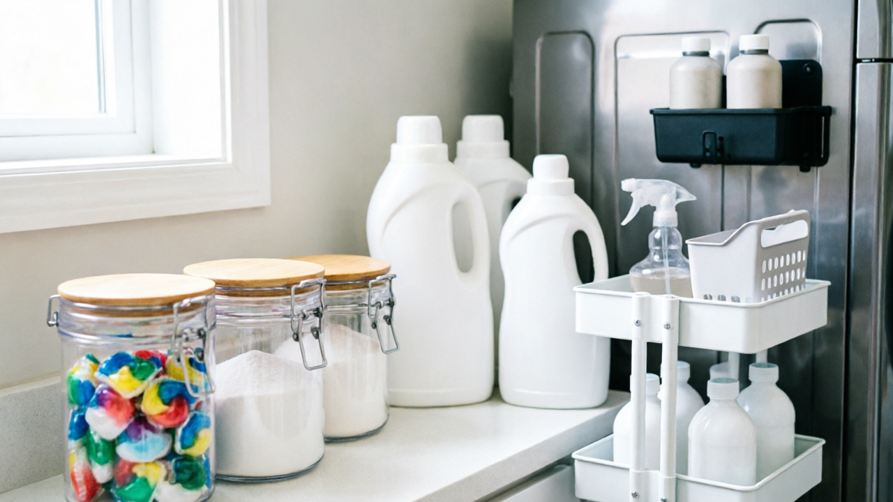 Laundry supply systems: latching pod jars, airtight canister, slim cart, magnetic shelves, and cabinet latch