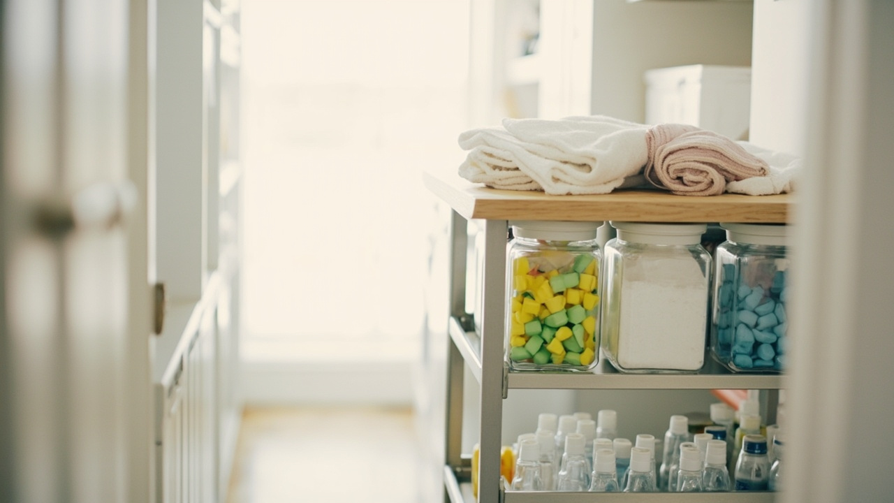 Clean laundry supply cart after weekly reset with refilled jars and empty bottles sorted