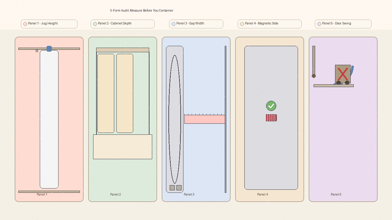 Five measurement labels for the laundry supply zone: jug height, cabinet depth, gap width, magnetic panel, and door swing.
