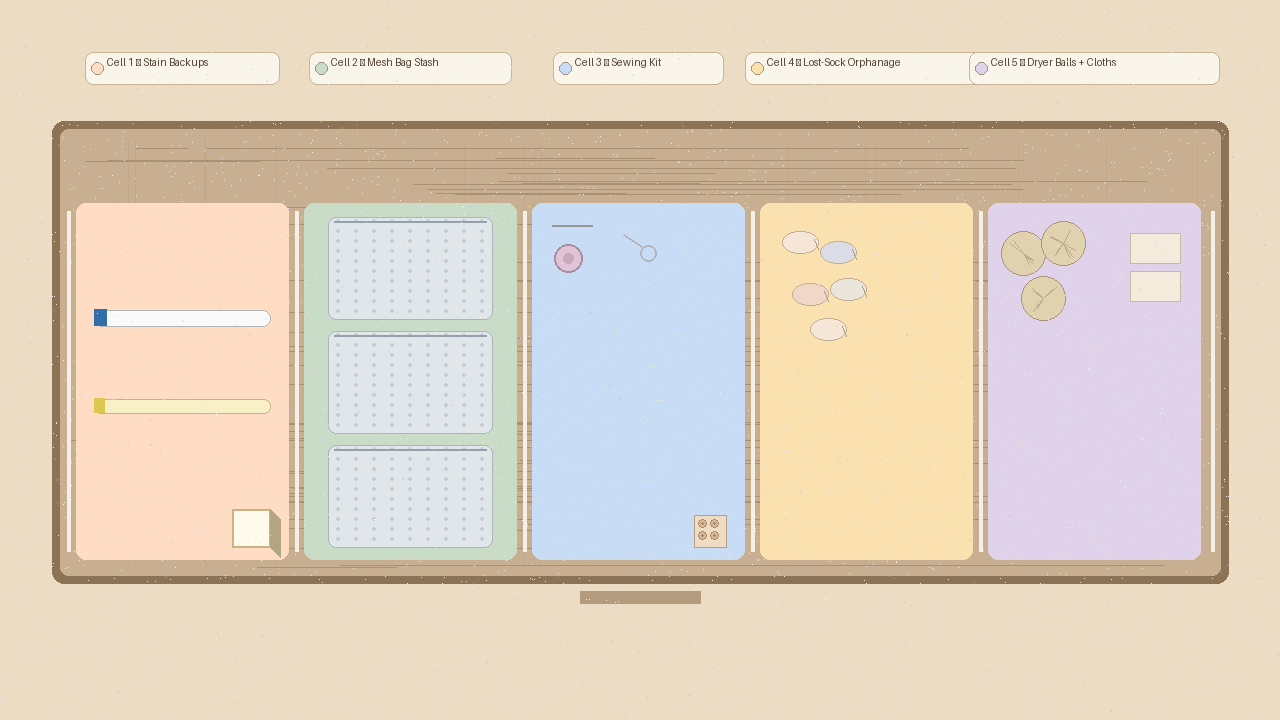 Top-down view of a laundry drawer divided into 5 cells for stain backups, mesh bags, sewing kit, lost socks, and dryer balls.